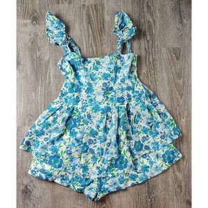 Altar'd‎ State XS Boho Floral Short Romper Smocked Zip Ruffly Mini Blue Lined